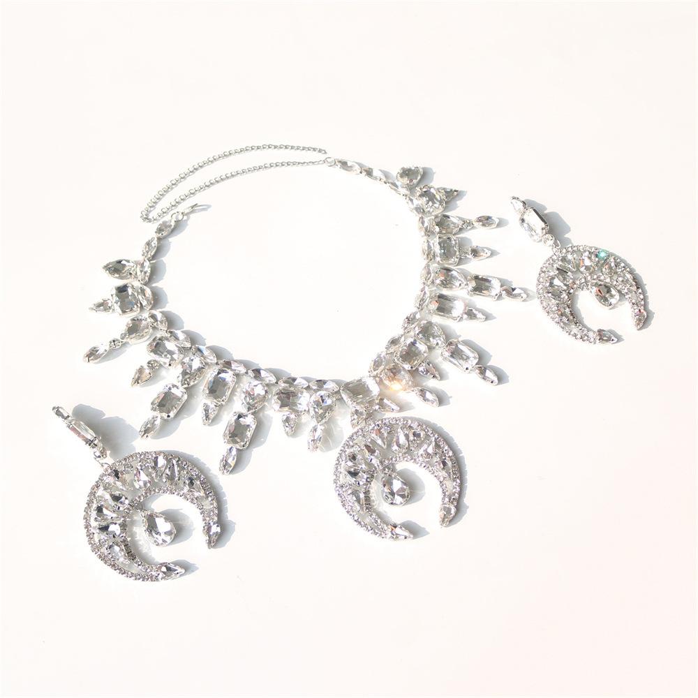 Fashion Rhinestone Set, Personalized Exaggeration Moon Earrings Necklace Full Diamond Set Jewelry Set