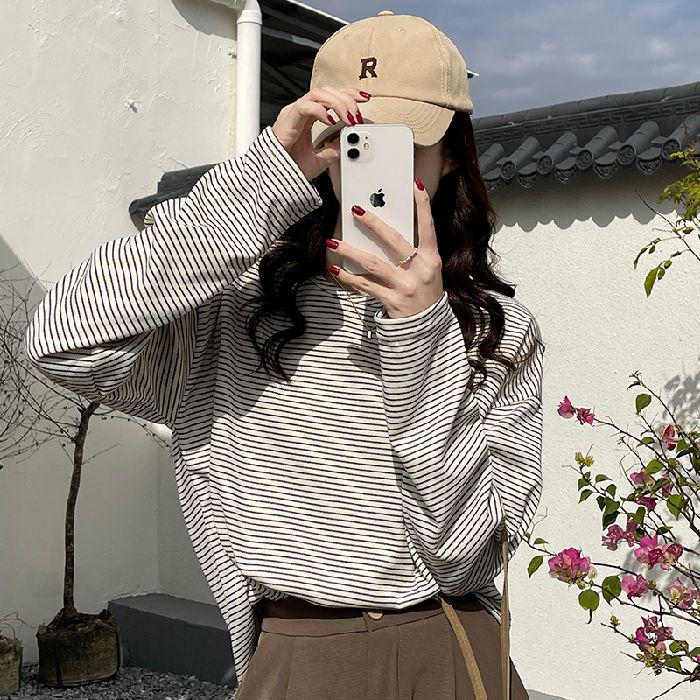 Korean Style Striped Long Sleeve Women s Loose Fit Top - Spring/Autumn Trend M белый