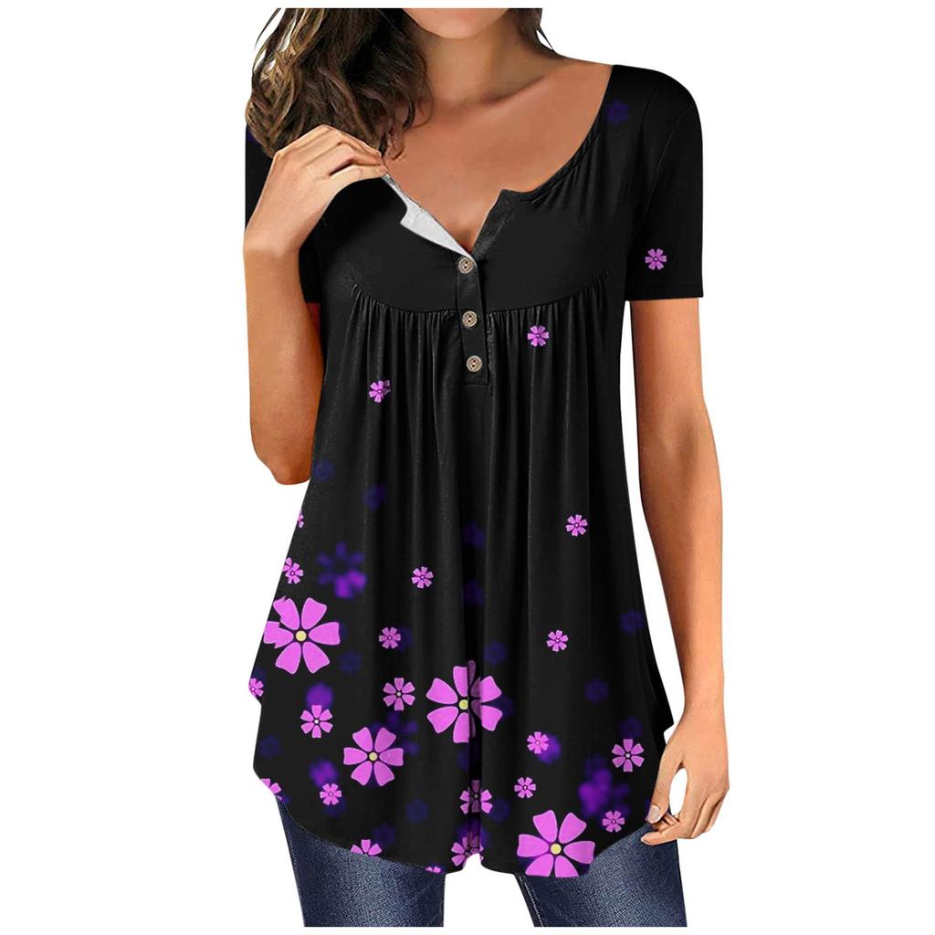 Women's Summer Short Sleeve Round Neck Top Floral Butterfly Print Top