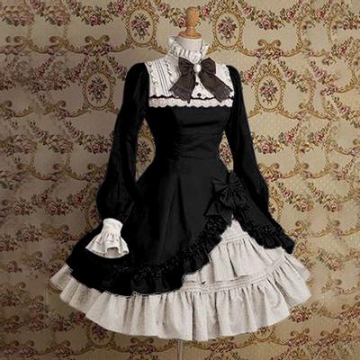 Retro-Stil, hoher Kragen, plissiert, Glocke, lange Ärmel, unregelmäßige Farbe, passende Schleife, Knoten, Lolita-Cosplay-Kleid