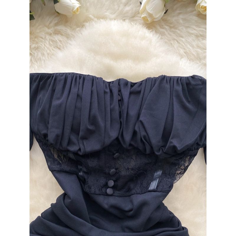 Pure Desire Sexy off-the-Shoulder Tube Top Dress Female Scheming off-Shoulder Ruched Lace Patchwork Waist-Slimming Black Sheath Skirt