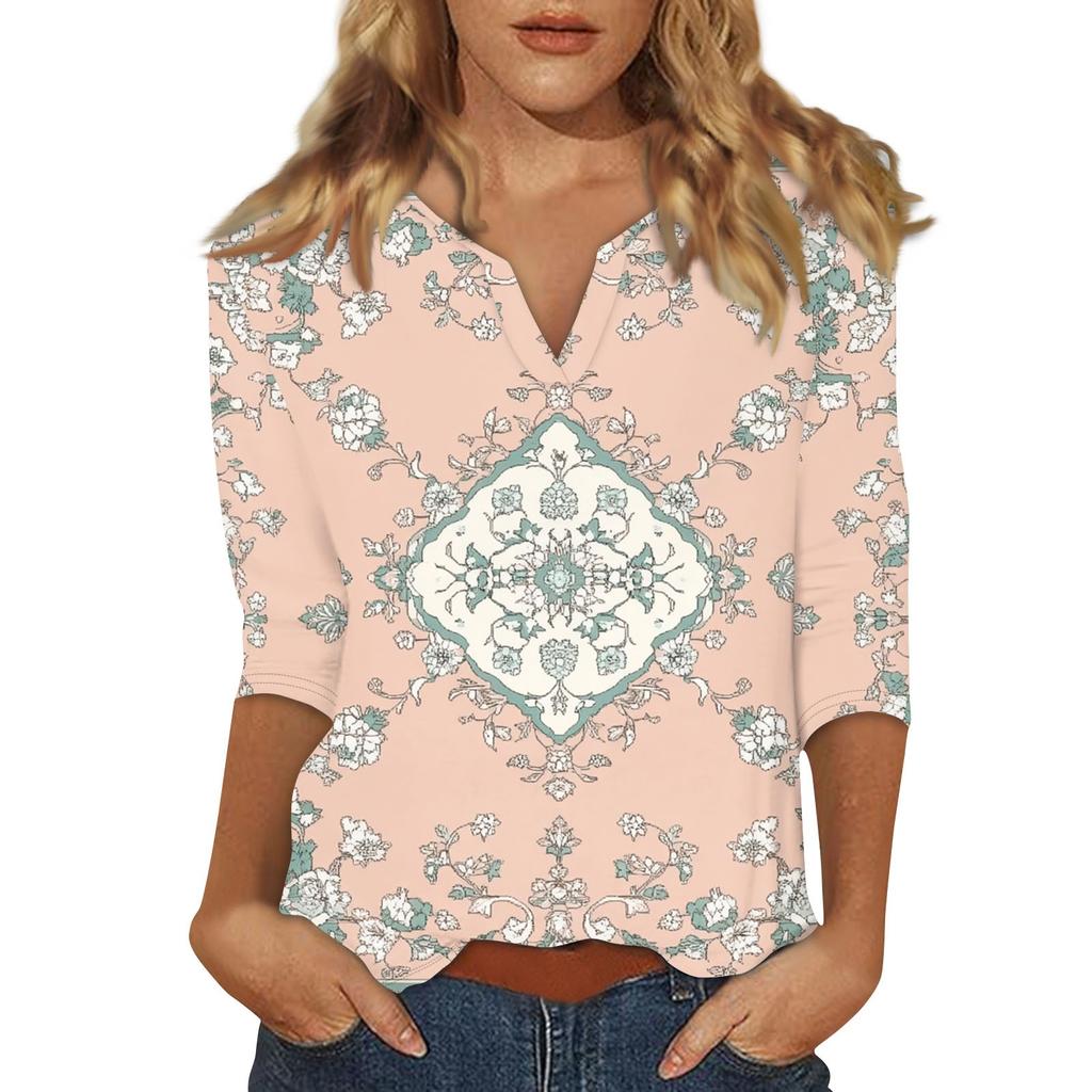 Women's Stand Collar 3/4 Sleeve Printed Top T-shirt