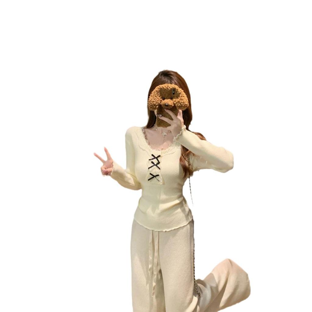 Korean Style Lace Patchwork Knitted Sweater - Women's 2025 Autumn/Winter Slim-fit Trendy Base Layer