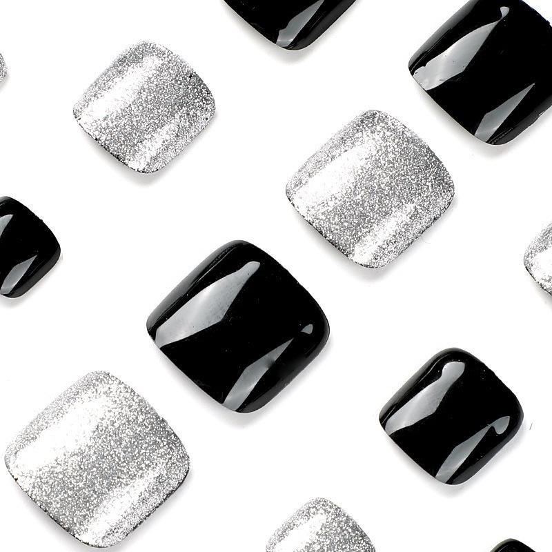Black & Silver Glitter Press-On Toenails Stickers Set: Stylish Wearable Nail Art