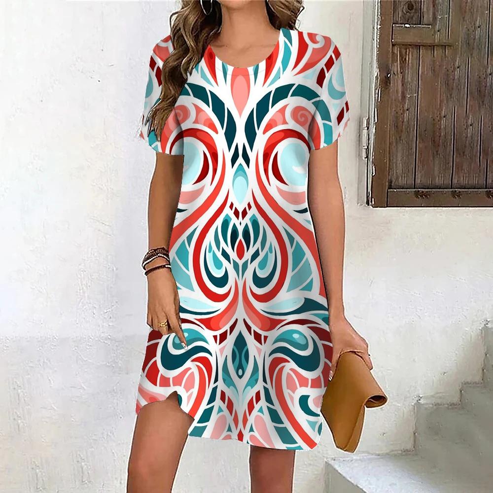 Fashion 3D Print Summer Dress Loose Casual Short Sleeve O-Neck Mini Dress