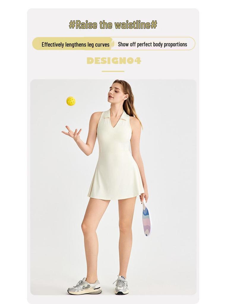 Women's Breathable Polo Collar Sports Dress with Hollow-out Back & Waist-cinching Tennis Skirt