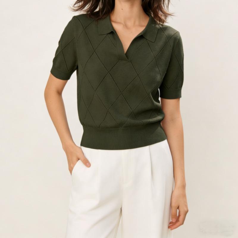 Women Summer Thin Knit Polo Collar Short Sleeve Slim Commute Top