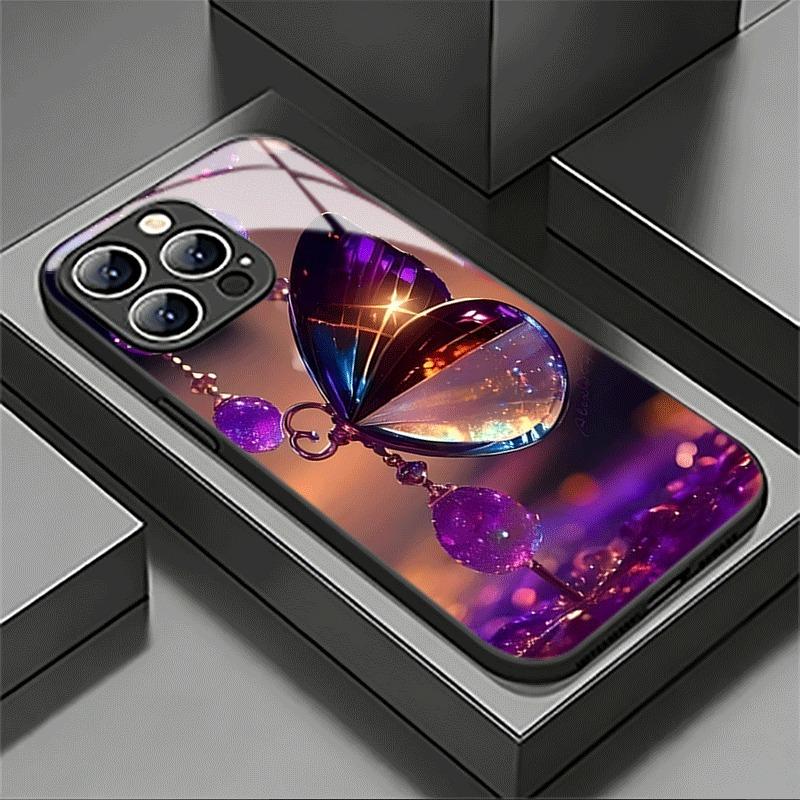 Purple Crystal Butterfly Tempered Glass Phone Case For Samsung Galaxy S26 Ultra S25 Plus S24 S23 FE 5G Lens Shockproof Cover