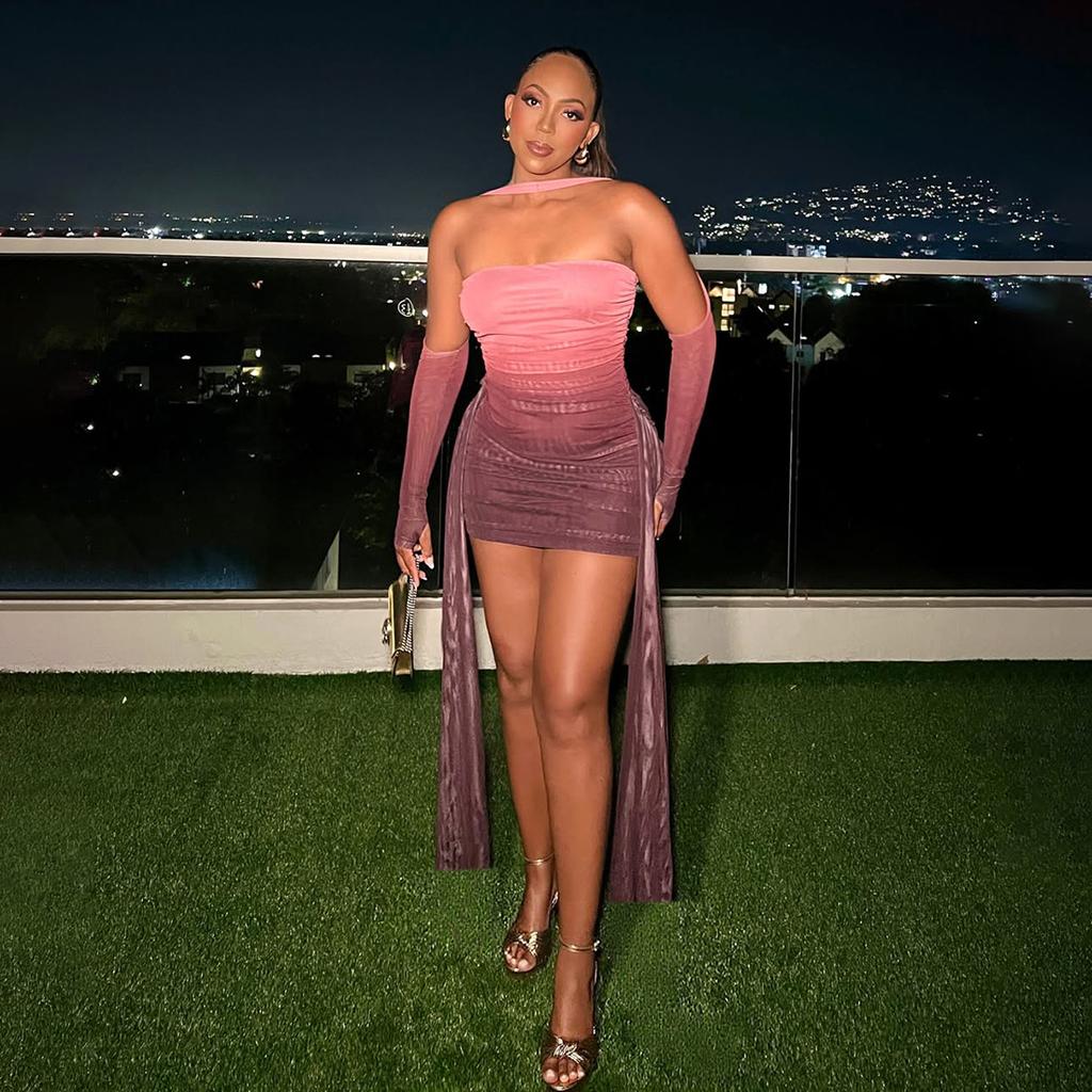 Women's Off-Shoulder Long Sleeve Bodycon Dress with Slit and Drape Detail