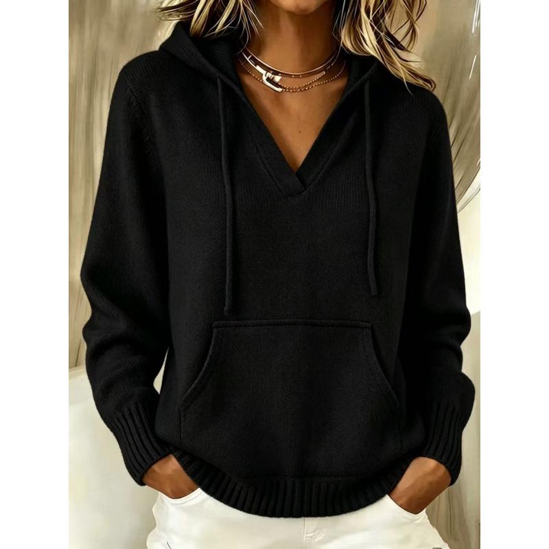 Women's European Style Knit Hoodie with Drawstrings, Autumn/Winter Long Sleeve Sweater with Kangaroo Pocket, Solid Color Casual Fashion.