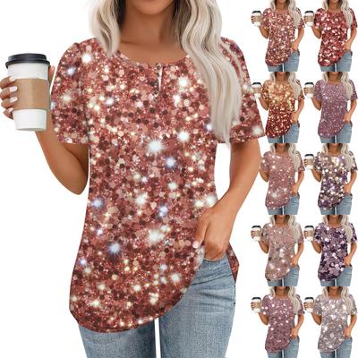 Women's Fashionable Casual Short Sleeve Button Print Round Neck Pullover Top