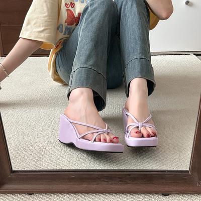 Casual Slope Heel Slippers Summer Flat Bottom One-word Design Bow Platform Sandals Women's Shoes Summer Wear Fashion Versatile