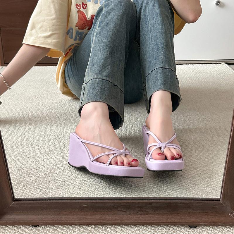 Neformální pantofle na klínku, letní plochá podrážka, jednoslovný design, mašle, platformové sandály, dámská obuv, letní nošení, módní, všestranné