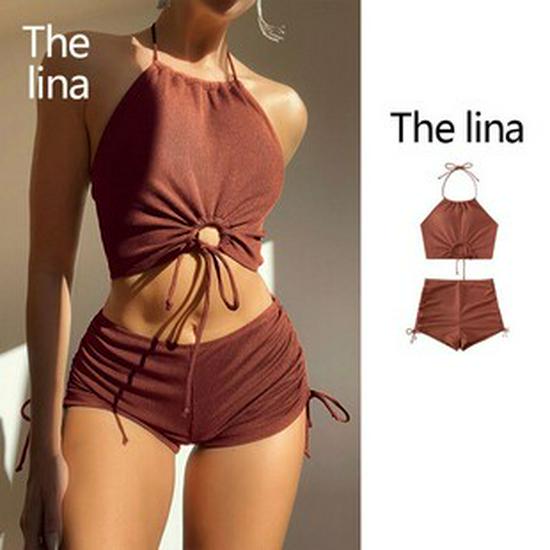 European & American 2025 Women's Solid Color Lace-Up Sexy Three-Piece Bikini Swimsuit