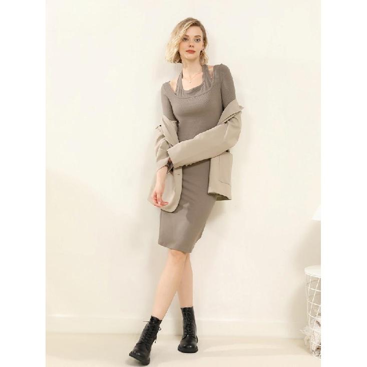 Dress Women's Design Slim Fit Halterneck Long-Sleeved Slimming Square Collar Fake Two-Piece Midi Knitted Skirt