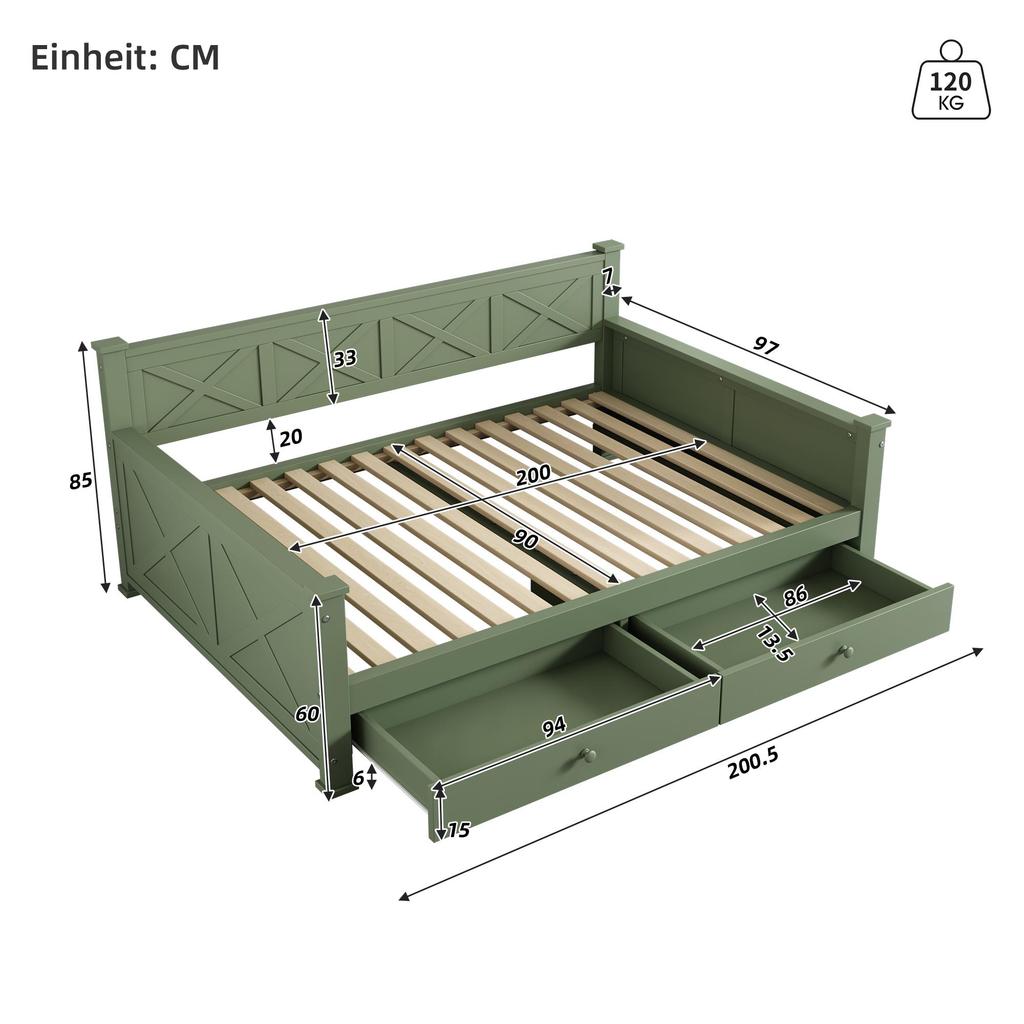 Schlafsofa Flieks 90x200 Tagesbett mit Stauraum, Funktionsbett mit 2 Schubladen, Grün