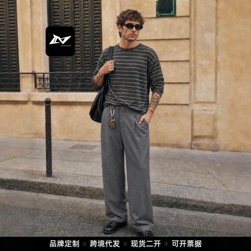 American Vintage Pleated Straight Leg Trousers Unisex Casual Loose Slim Fit Daily Wear