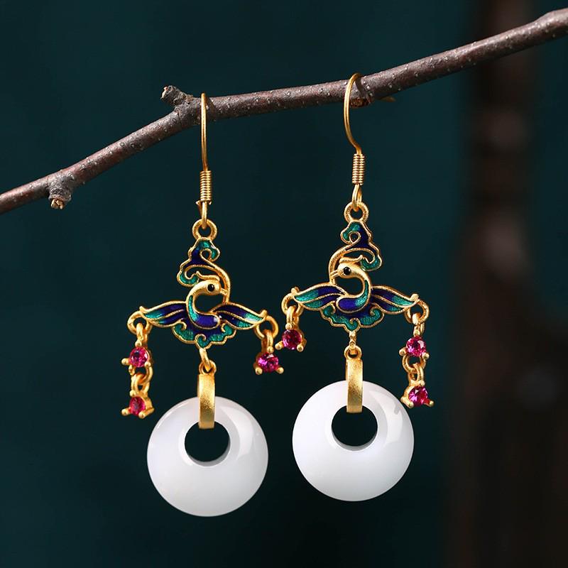 

Handmade Enamel Luan & Phoenix Dance White Jade Style Earrings Electroplated 24K Gold