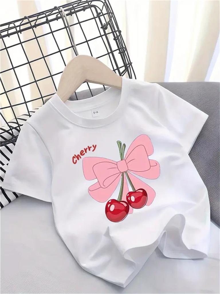 Bow Cherry Print Round Neck Short Sleeved Tshirt Simple and Fashionable Style Suitable for Daily Wear by Children In Summer