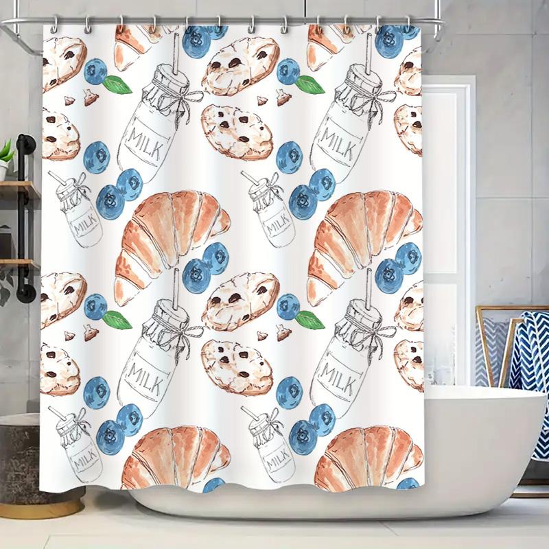 

Delightful Milk Bottle Blueberry Croissant Shower Curtain Waterproof Fabric Decor for Bathroom Interior Design White Shabby Chic 90x180cm