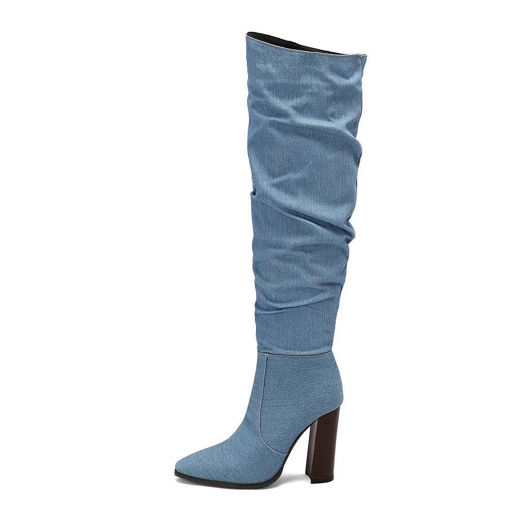 Fashion Women Over The Knee Boots Pointed Toe 10cm Block Heels Knee High Boots Pleated Boots Women Shoes 2025 New Zapatos De Mujer