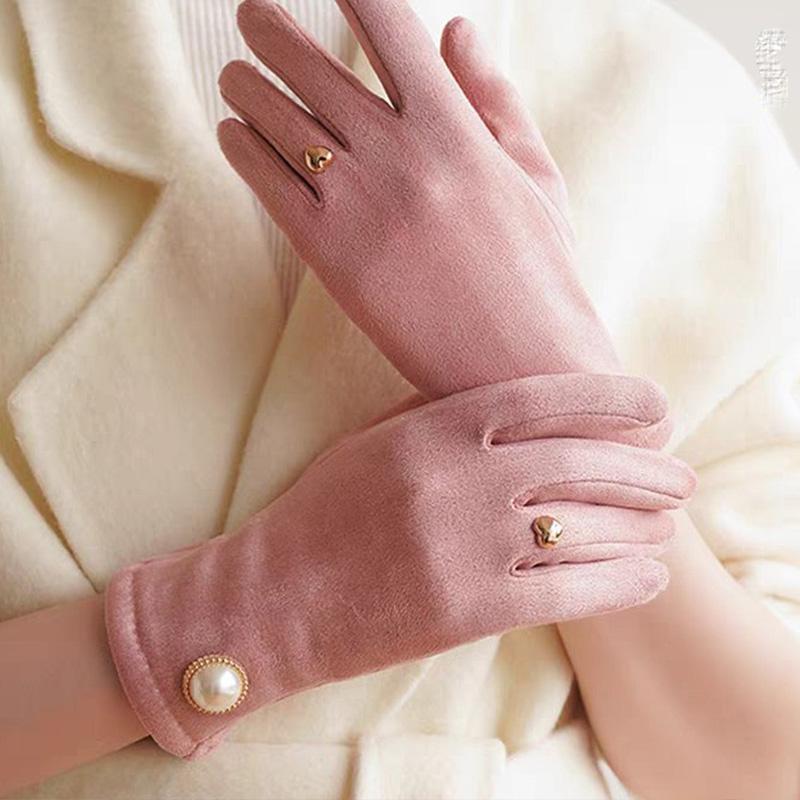 

Women Pearl Touch Screen with Velvet Western Korean Version Retro Fashion Light Luxury Velvet Gloves Popular Five Finger Gloves One Size рожевий