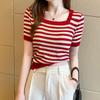 Black and White Ice Silk Striped Knitted Shirt Short Sleeved T-shirt for Women's Summer Front Shoulder Thin Square Neck Short Top