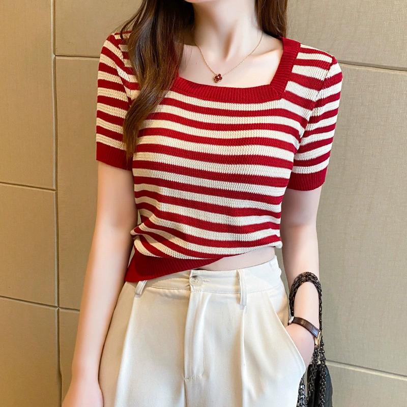 Black and White Ice Silk Striped Knitted Shirt Short Sleeved T-shirt for Women's Summer Front Shoulder Thin Square Neck Short Top