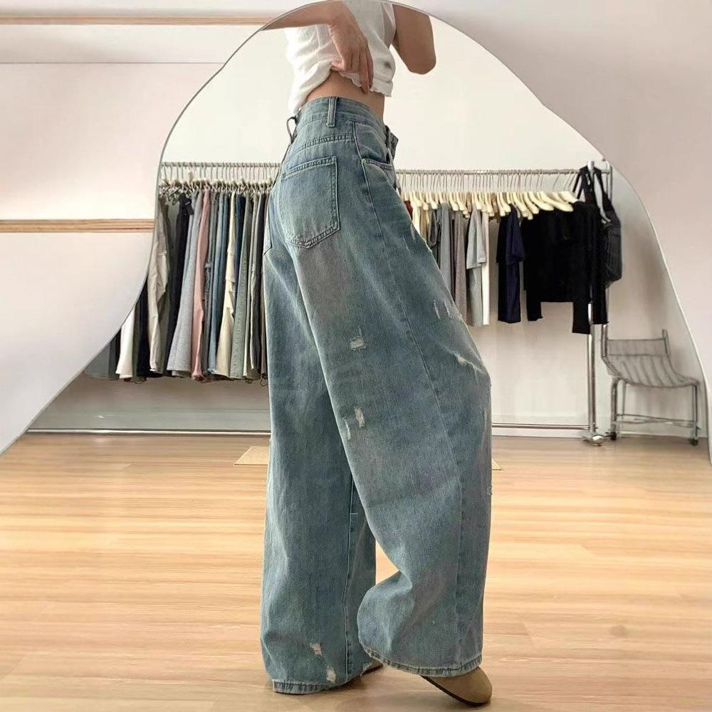 Loose Big Yards Torn Wide-legged Jeans Women Spring and Summer Thin High-waisted Crotch-shading Straight Pants Retro Baggy Long Jeans for Ladies