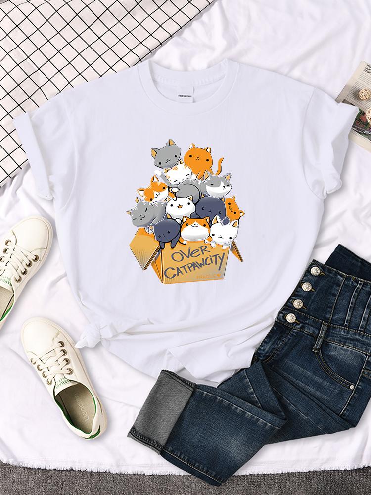 

Womens Casual Creative Summer Tshirt with Cat Print New Round Neck Breathable Womens Aesthetic Clothes Summer Streetwear Y2K S