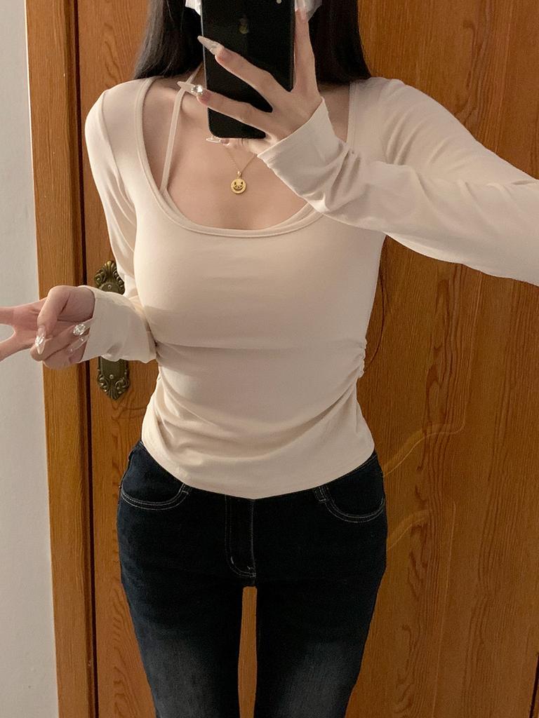 American with chest pad hanging neck fake two long-sleeved t-shirt women's autumn and winter niche elastic slim slim inner top