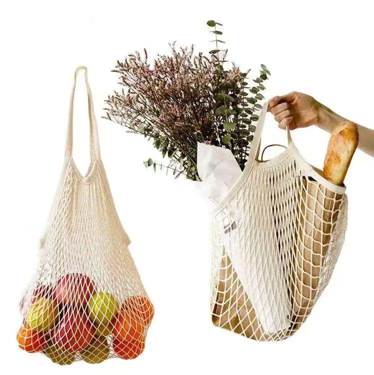 Beige Handheld Woven Mesh Shopping Bag - Polyester Cotton, Fruit Shoulder Tote