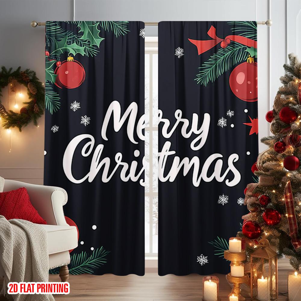 2pcs 2D flat printing Merry Christmas Window Curtains Merry Christmas leaves Durable 100% Polyester Fabric Without Electricity