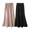 Women High Waist Midi Skirt Smooth Satin A-Line Fishtail Skirt Hip Wrapped Solid Color Large Hem Skirt Workwear