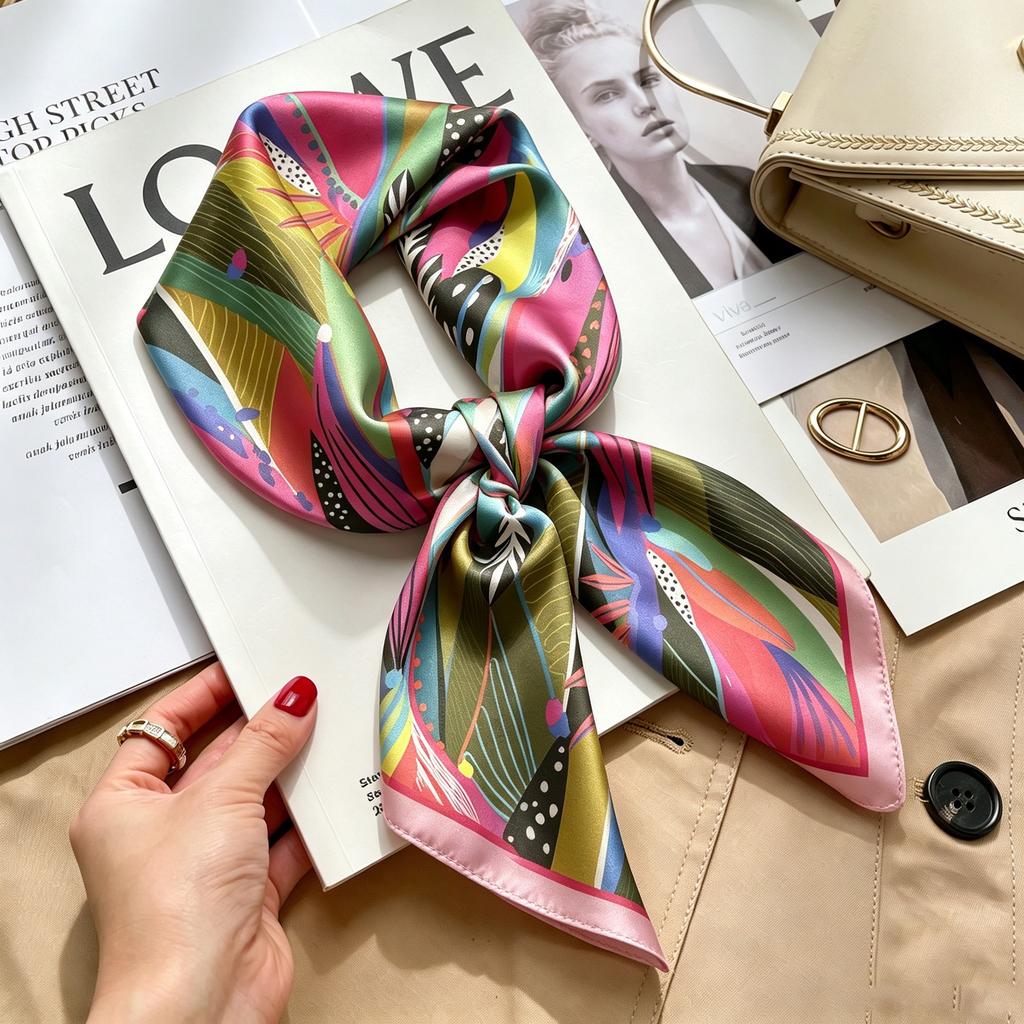 Commuter elegant flower silk scarf women's contrasting color retro printing satin scarf shirt with multi-purpose decorative small scarf