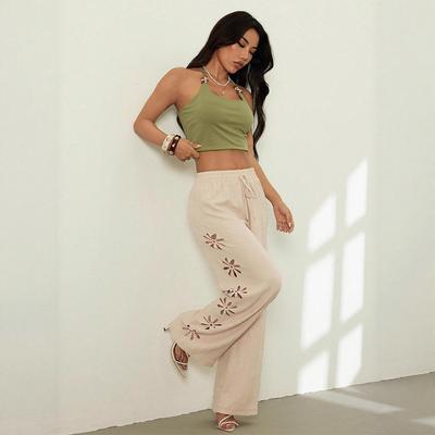 New Casual Trousers with A Simple Style, Lace-up, Cut-out Solid Color, Loose Wide-leg Pants for Women