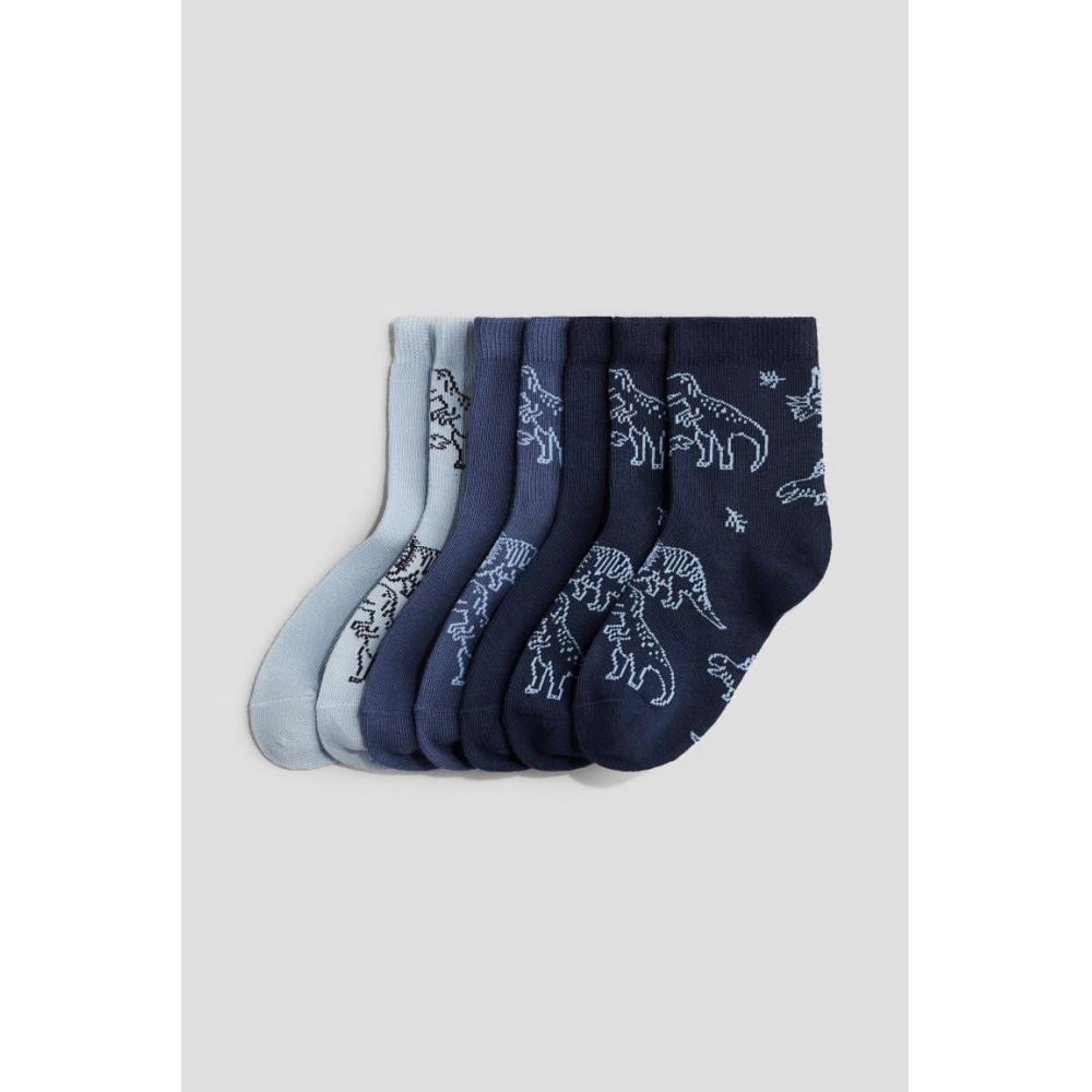 

H M Socks 7 Pack Set Dark Blue Dinosaur