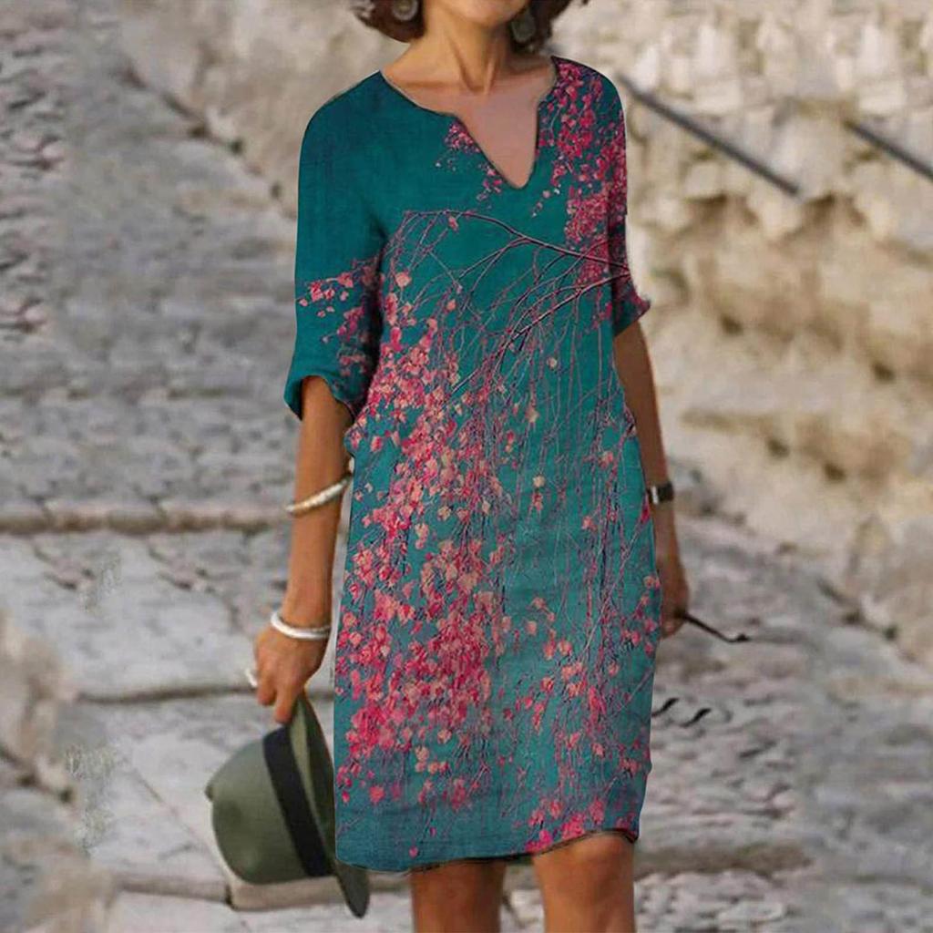 WomenV-neck Folk-custom Plus Size Print Loose  Dress Temperament Casual Waist