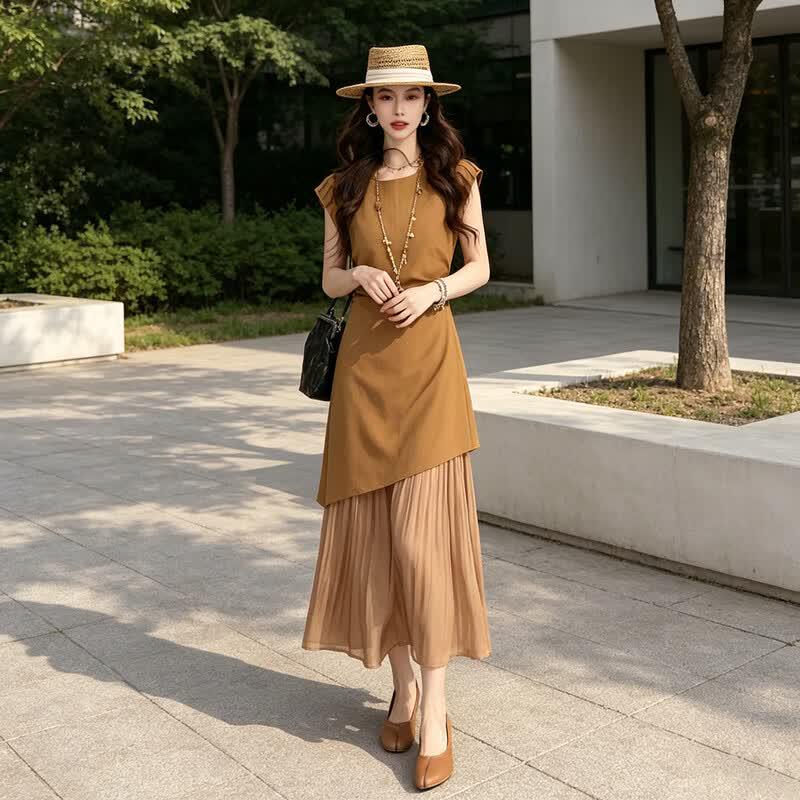 Bailuyu Women s 2026 Summer Faux Two-Piece Sleeveless A-line Dress S