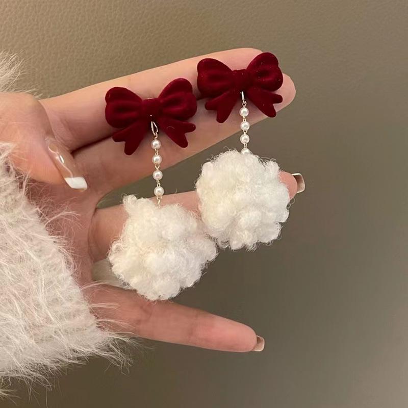 Red Retro Hong Kong Style Flocking Flower Bow Earrings - Elegant Long Design for Women, Perfect for Autumn and Winter Seasons