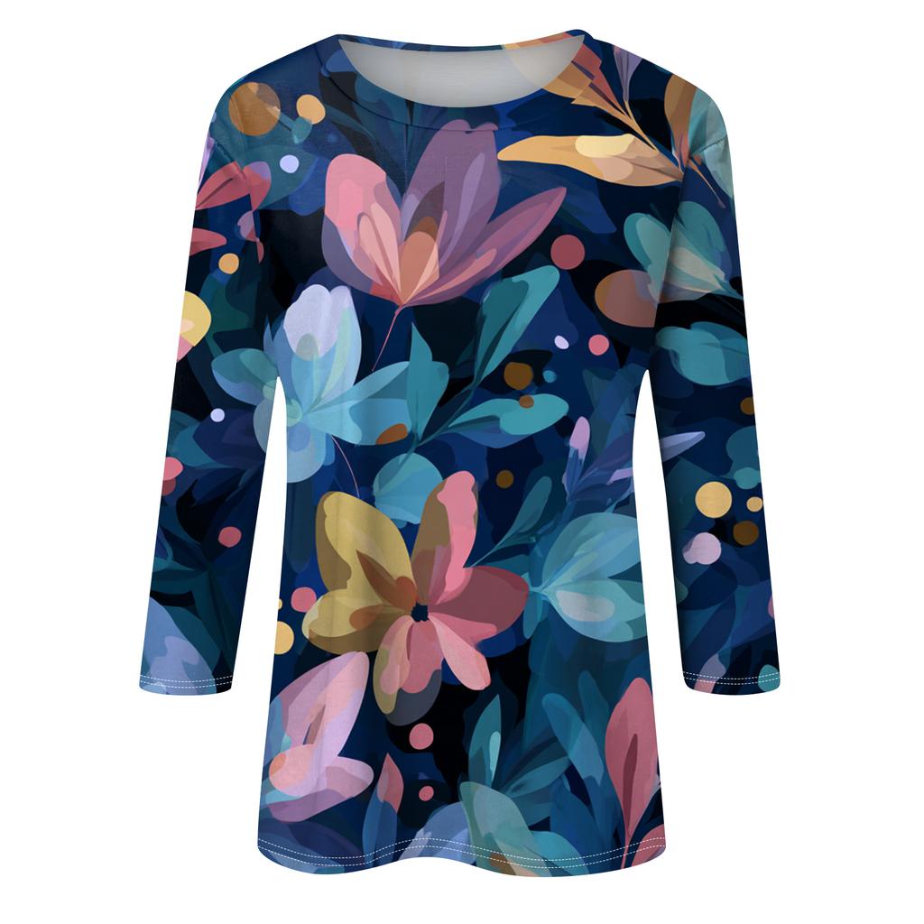 Women's Fashion Casual Round Neck Three-quarter Sleeve Retro Floral Print T-shirt Top