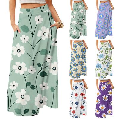 Damen Lässig Freizeit Faltbar Blumenmuster Hohe Taille Mit Tasche Drapierter Entspannter Langer Maxi-Rock