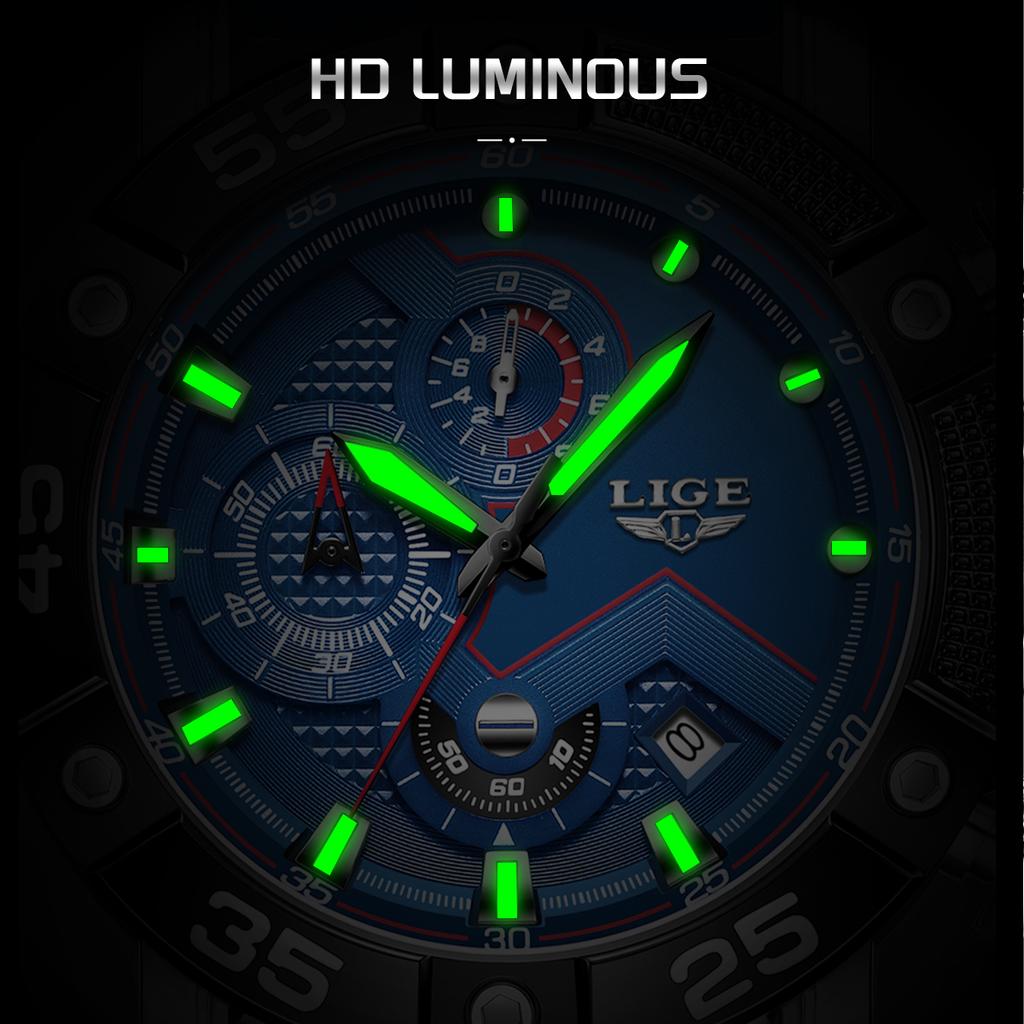 LIGE Big Dial Watch Men Fashion Business Watch Men Military Silicone Sports Waterproof Quartz Chronograph Relogios Masculino+Box