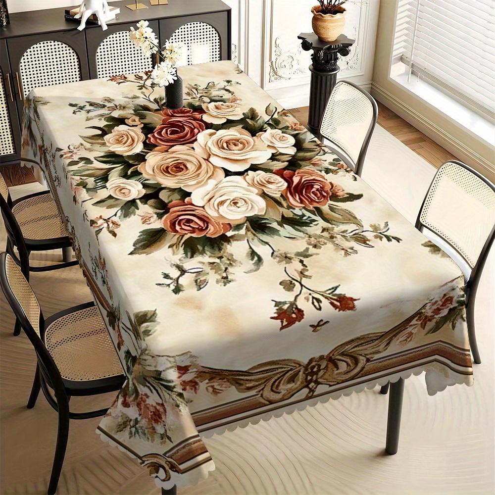 1 stuks Elegante Bloemige & Europese Kant Print Rechthoekige Tafelkleed, Waaiervormige Rand Polyester Tafelhoes voor Huis Eetkamer, Woonkamer 90x140cm