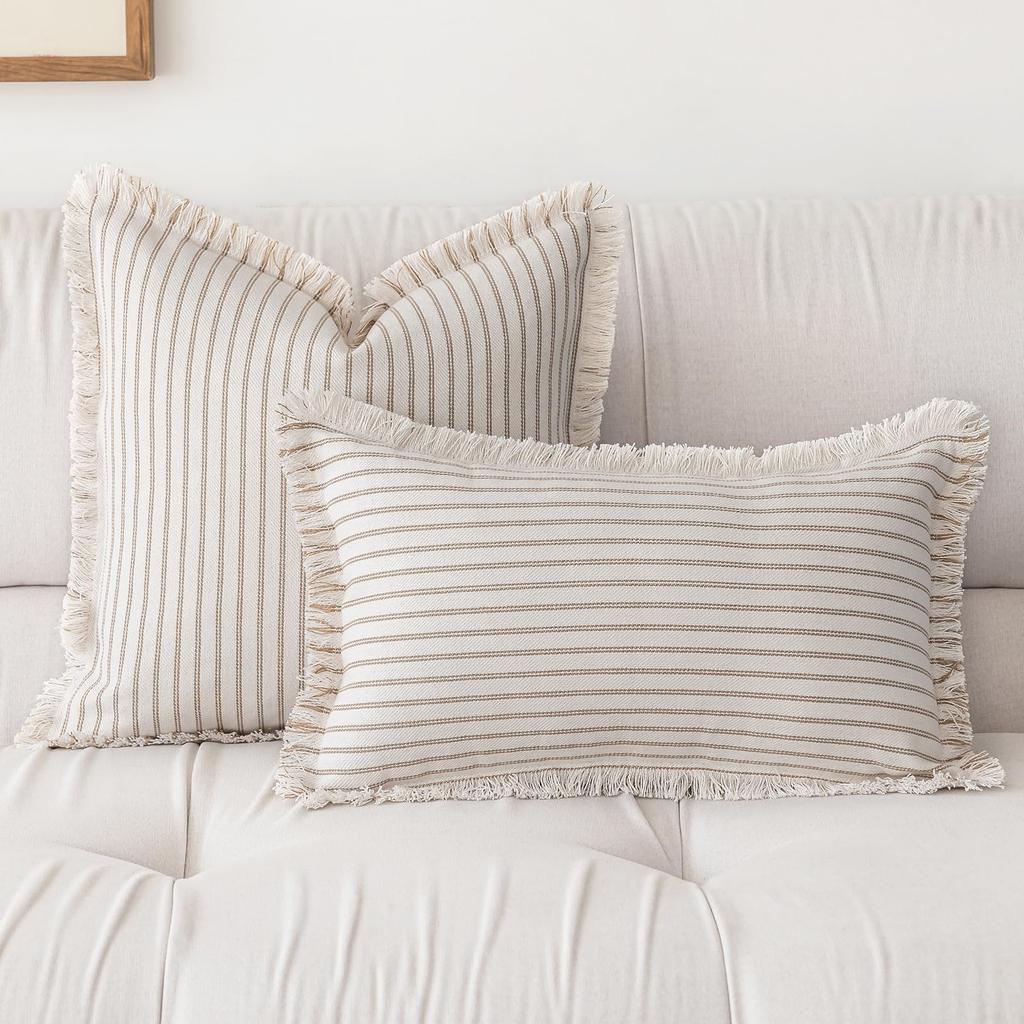 Throw Pillow Covers Set of 2 Striped Fringe Pillow Cover Farmhouse Cushion Covers with Tassel Neutral Boho Pillowcase for Couch