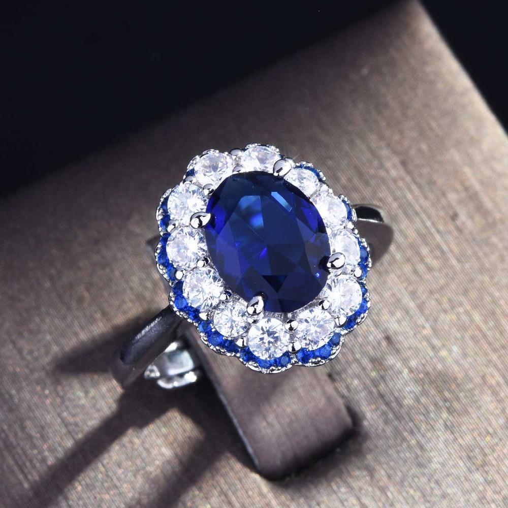 Royal Blue Sapphire Open Ring for Women Luxury European American Style Full Diamond Cluster Ring