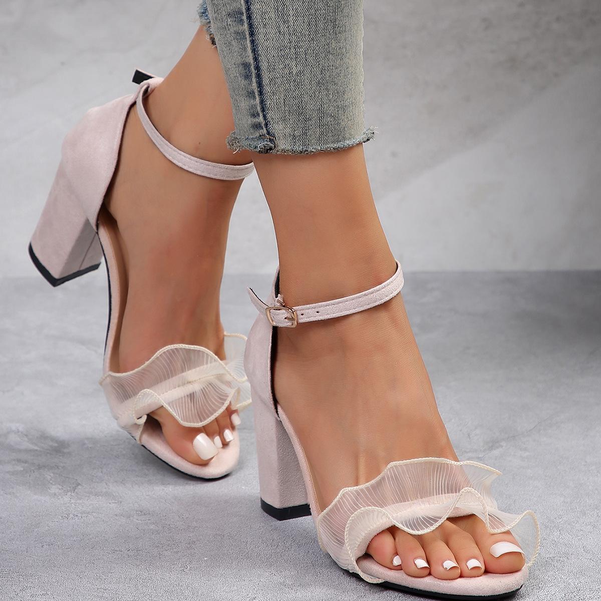 

Fashion 2025 All-Match Comfort Shoes for Women Clear Heels Buckle Strap Female Sandal Open Toe Large Size Low Girls Beige black 35