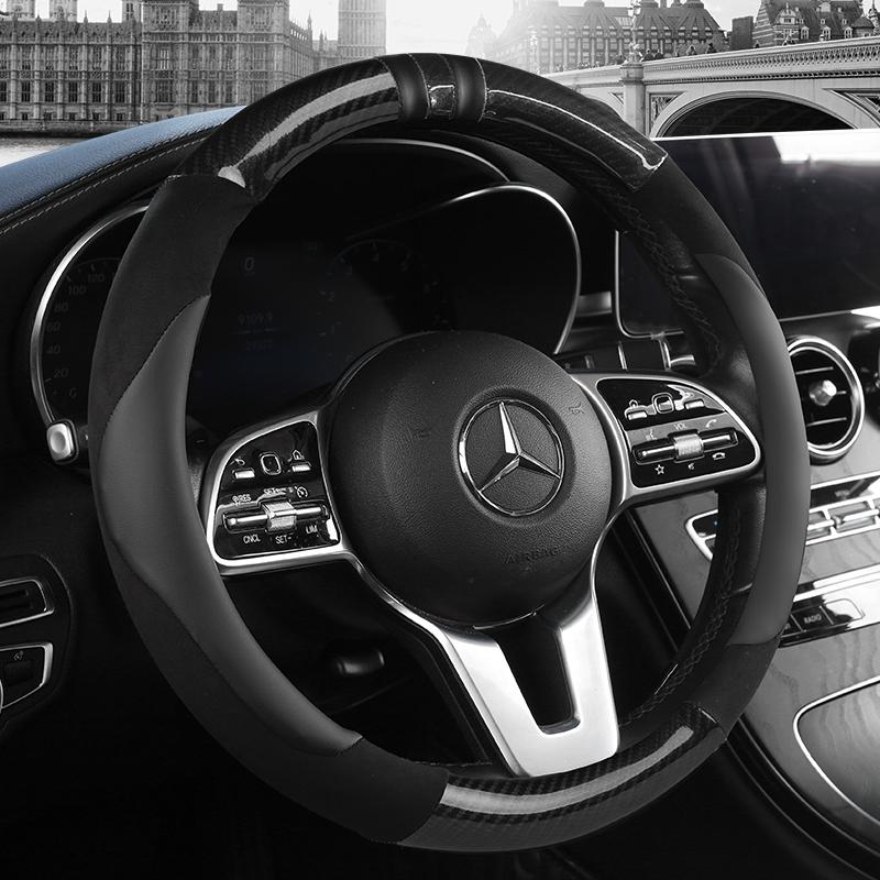 Skórzana osłona na kierownicę do samochodu z włókna węglowego do modeli Mercedes Ben AMG 38cm AC CLA E GLA GLC GLE SB CLS klasa