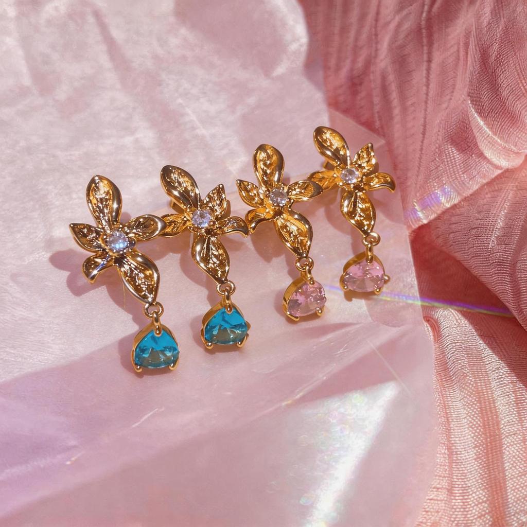 18k Gold-Plated Zirconia Floral Drop Stud Earrings - Exquisite Retro Luxury Jewelry
