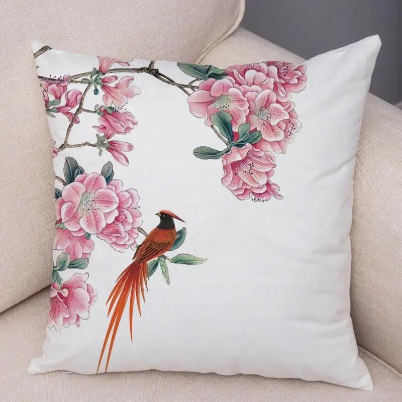 Акварель Цветочный Воробей Декоративная наволочка Офис Гостиная Автомобиль Украшения Дома Наволочка 40x40cm